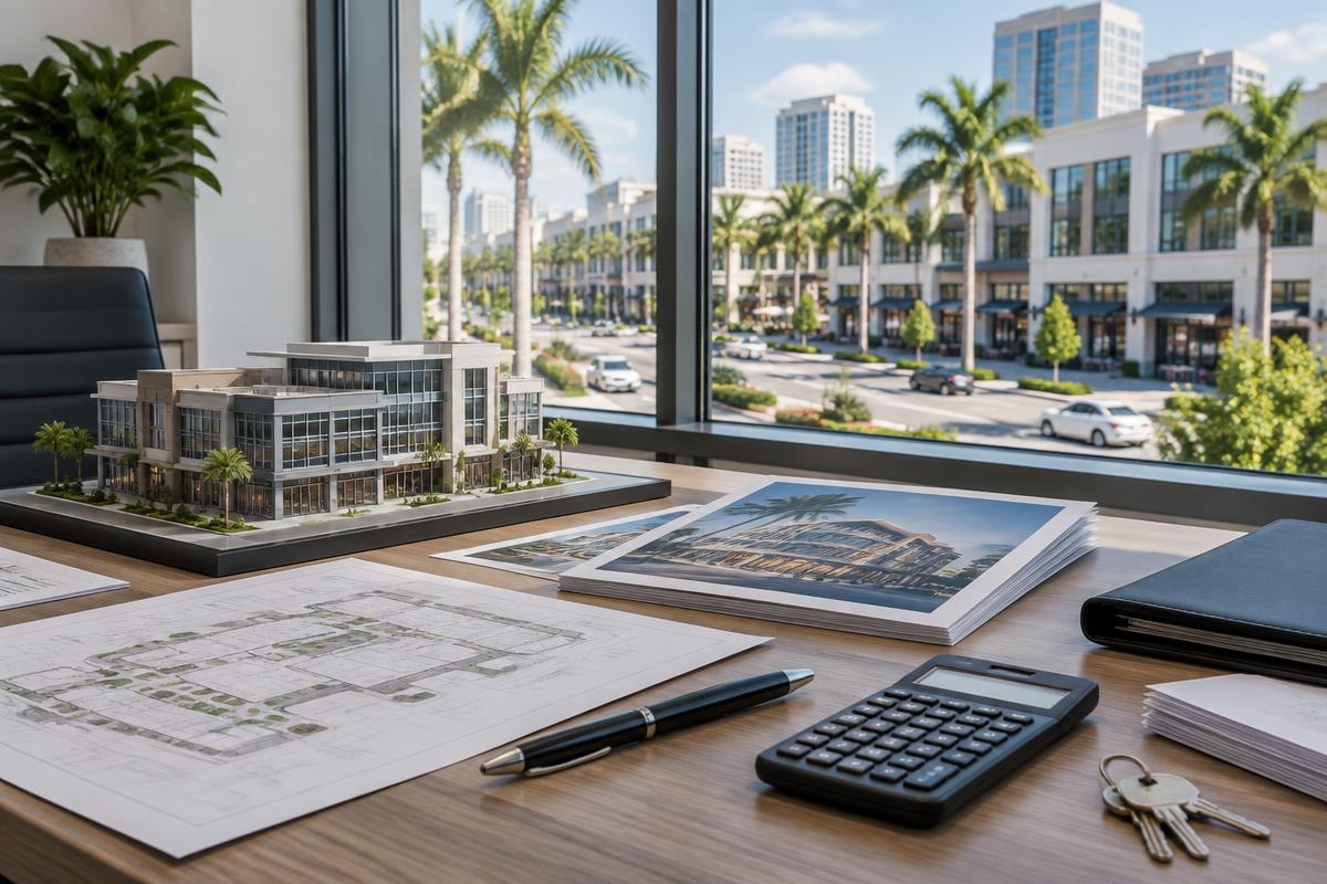 Commercial property model, plans, calculator, marketing materials, and keys prepared for a Miami property sale