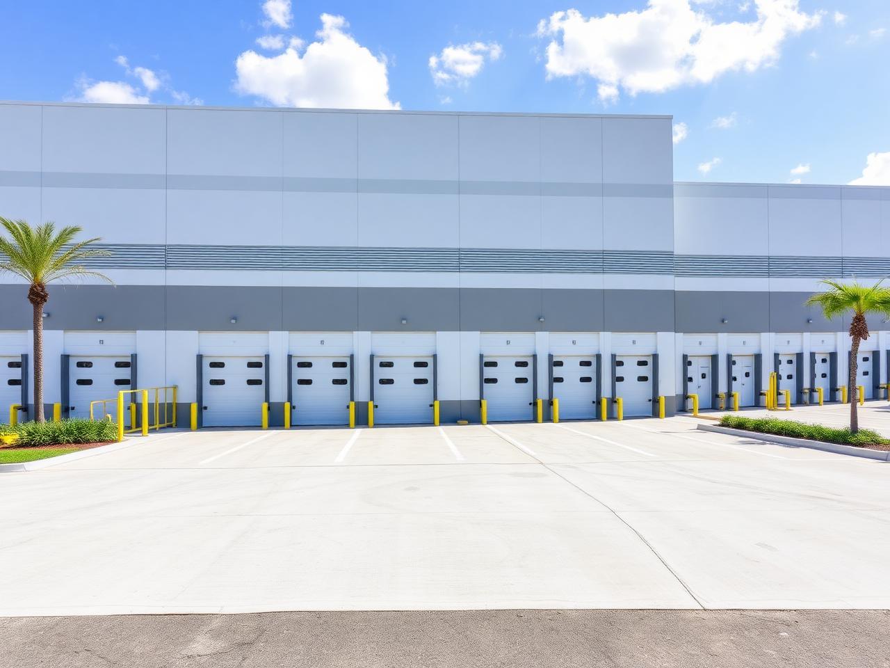 Modern industrial warehouse and office park in Doral, Miami, no people
