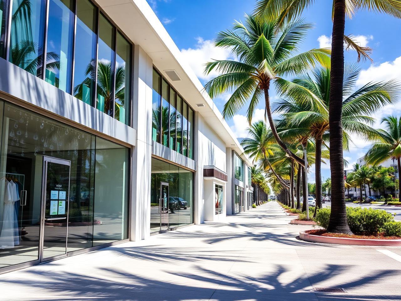 Art Deco commercial buildings and storefronts along a street in Miami Beach, no people