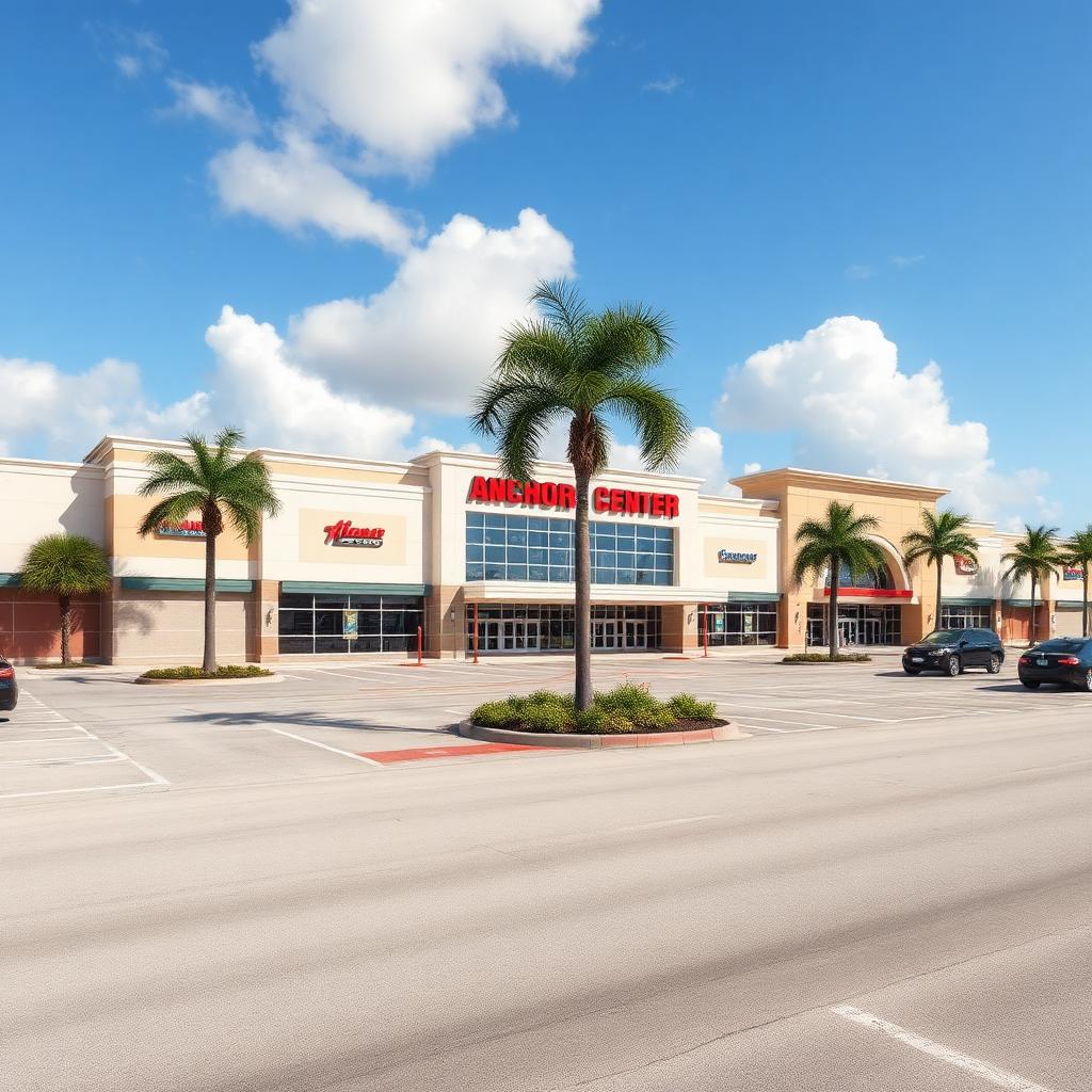 Photorealistic exterior of a South Florida shopping center with anchor tenant storefronts and palm trees