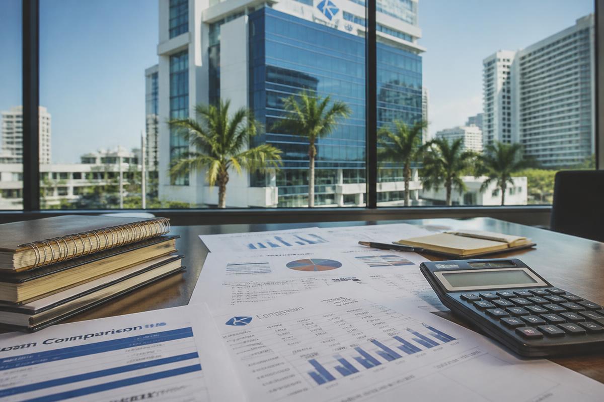Commercial real estate investor reviewing financial documents and a calculator with a modern Miami office building visible through the window