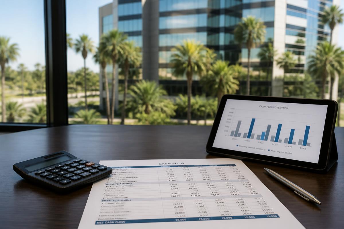 Professional commercial real estate investor reviewing financial documents and cash flow analysis with a Miami office building visible through the window