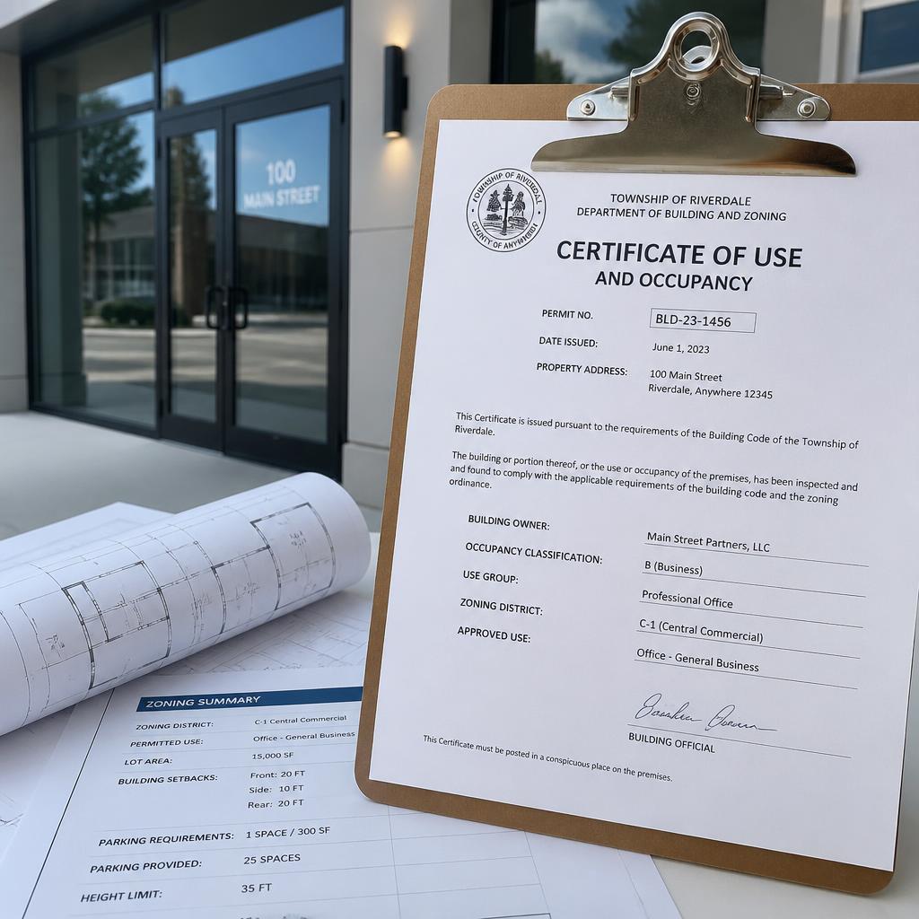 Official Certificate of Use paperwork on a clipboard in front of a modern commercial building entrance