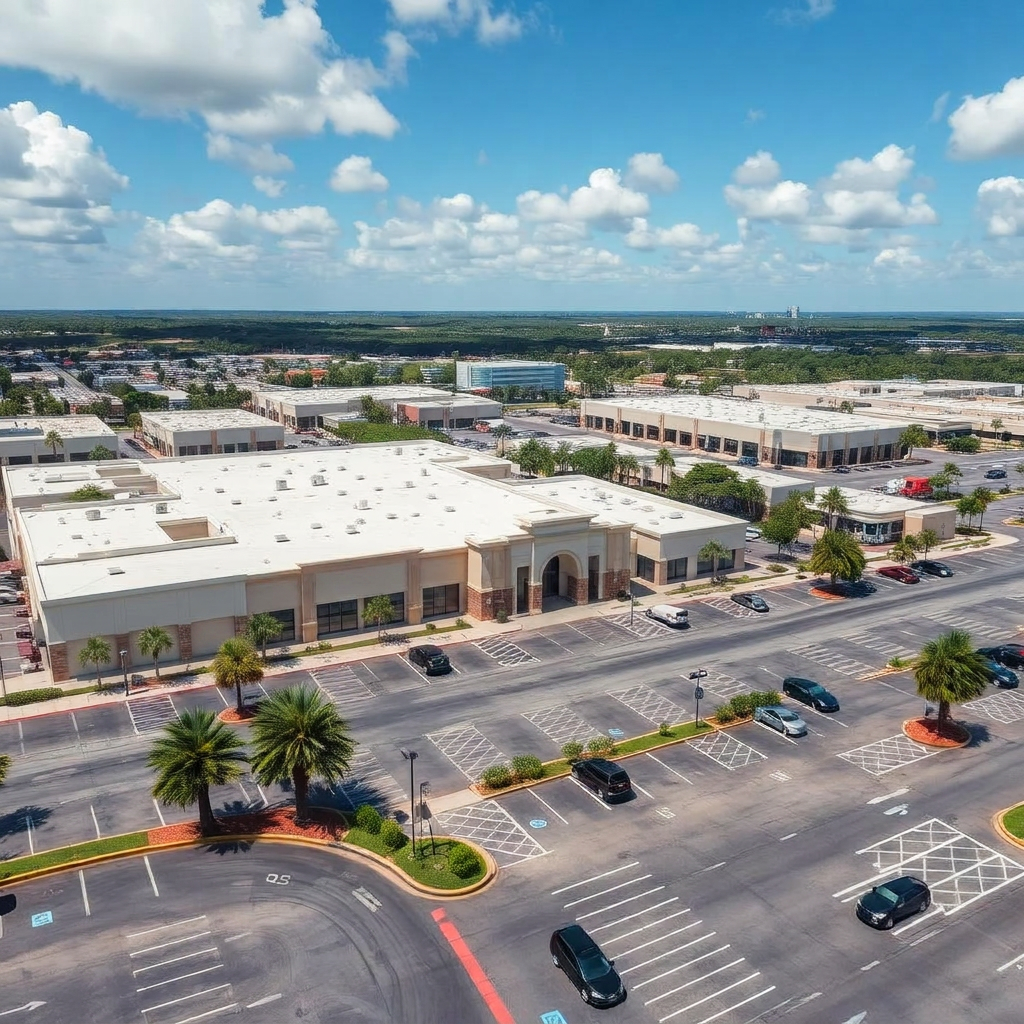 Aerial view of a South Florida retail shopping center with multiple tenant buildings