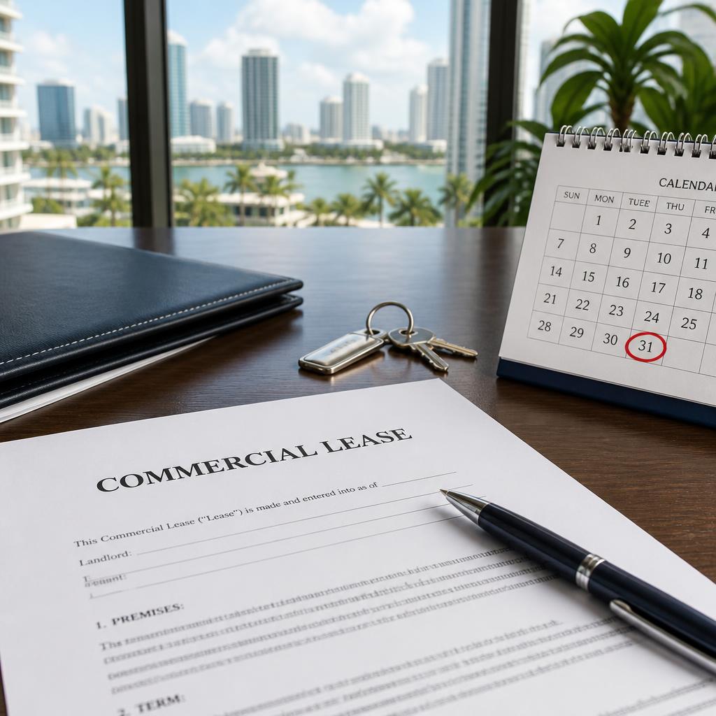 Commercial lease document with keys and calendar on a desk with a South Florida skyline view