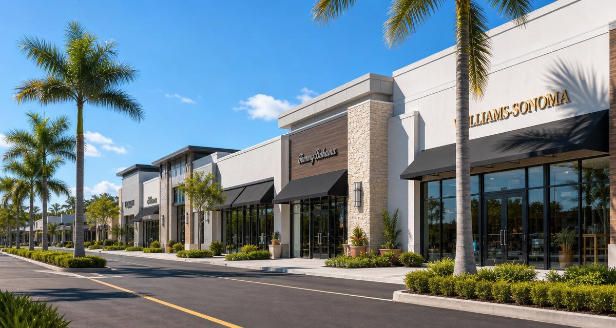 Modern South Florida shopping center exterior with retail storefronts