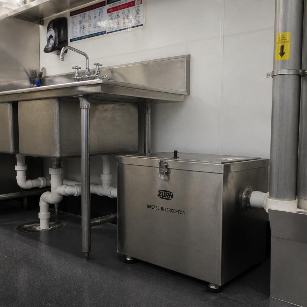 Commercial kitchen grease interceptor installed beneath stainless steel sinks in a restaurant