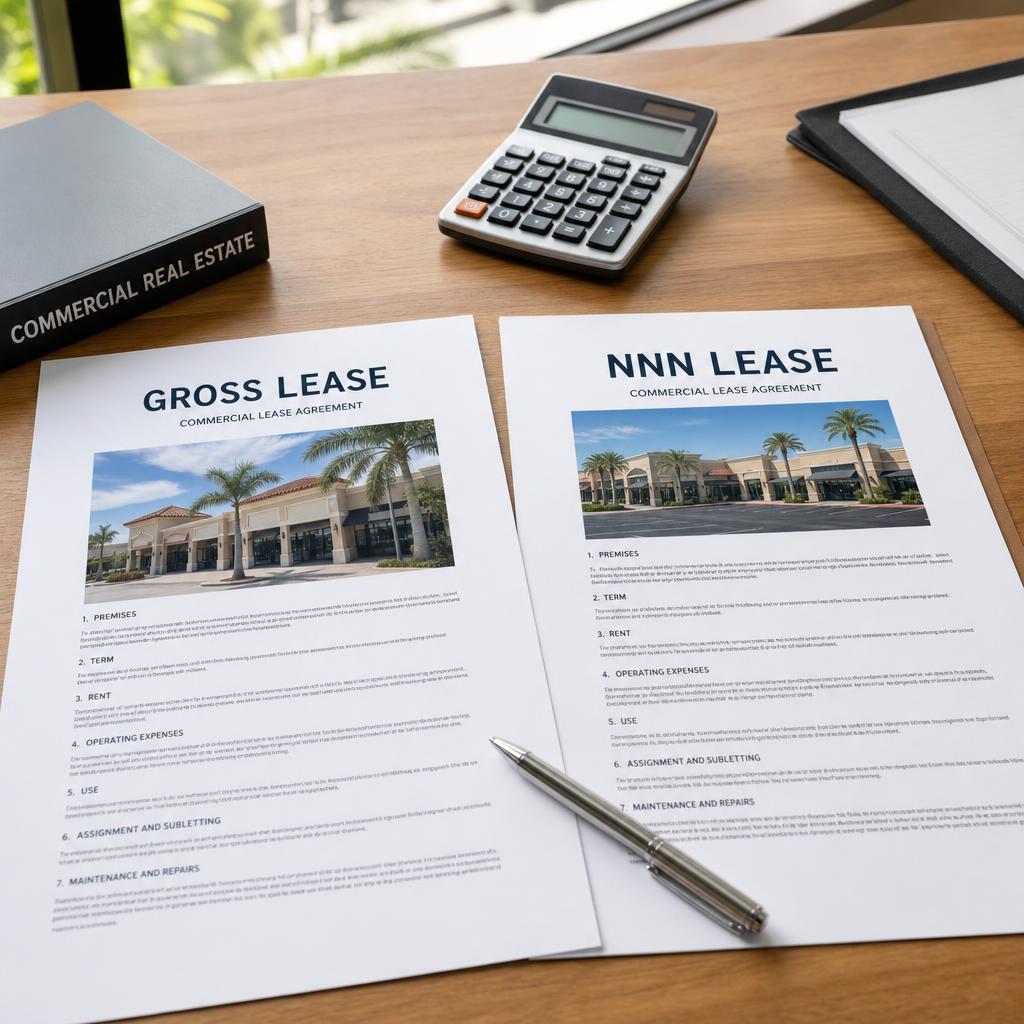 Two commercial lease documents labeled Gross Lease and NNN Lease on a wooden desk with a calculator and pen