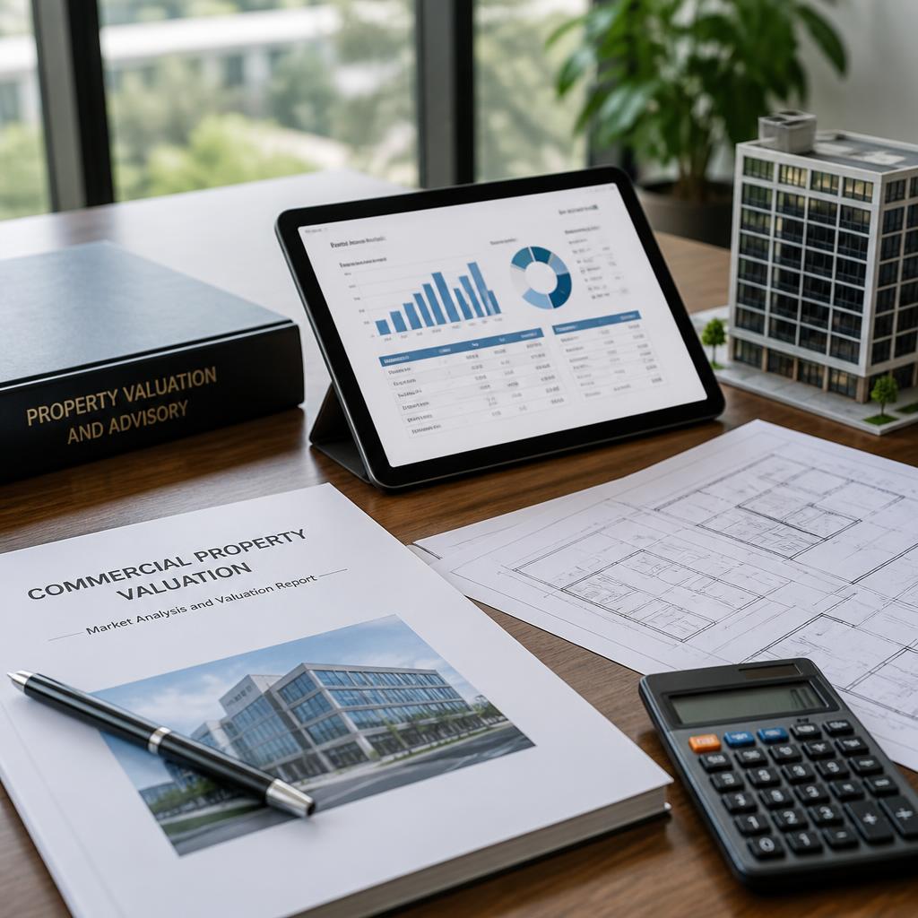 Commercial real estate valuation documents, calculator, and building model on a professional desk