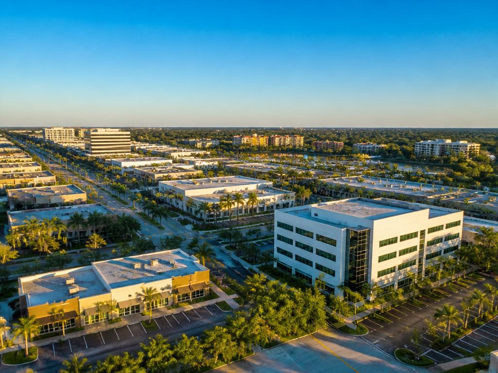 Aerial view of modern commercial buildings and retail plazas in Florida at golden hour, no people