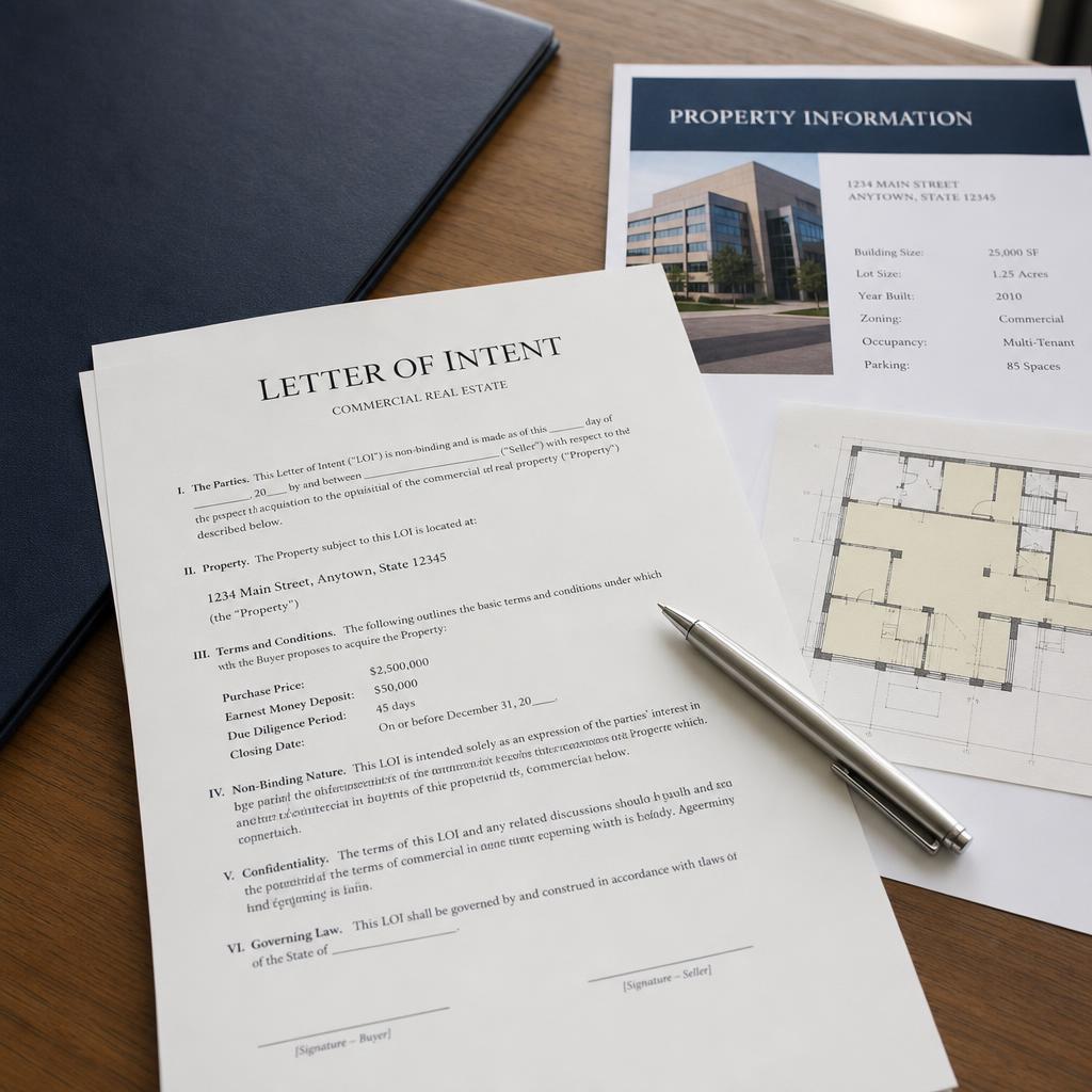 Commercial real estate Letter of Intent document with pen and property information on a professional desk