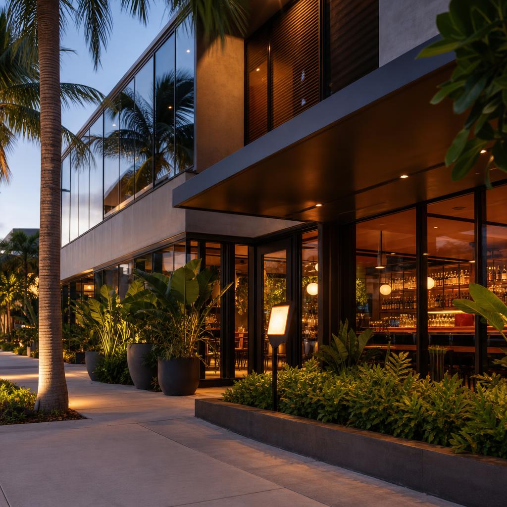 Modern Miami restaurant or bar exterior at dusk with warm interior lighting and palm trees