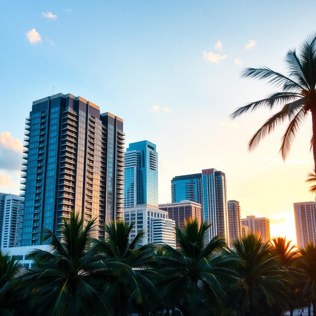 Miami skyline with modern commercial buildings and palm trees at golden hour, no people