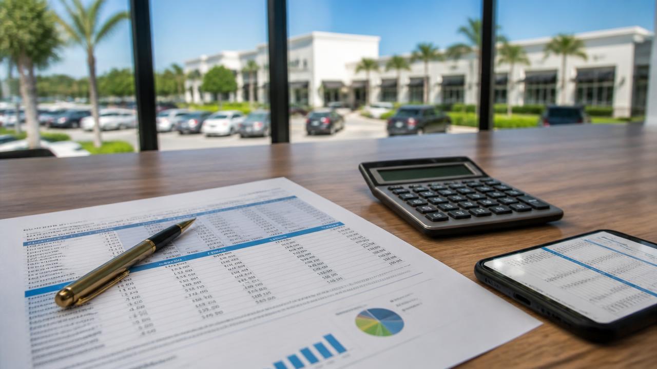 Commercial real estate financial analysis scene with operating income statement, calculator, and Miami retail center visible through office window