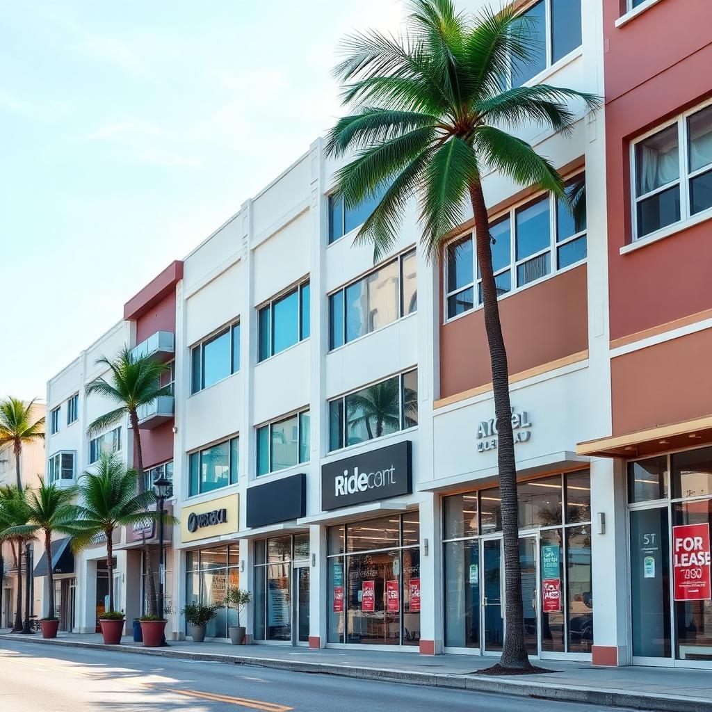 Street view of occupied and vacant commercial storefronts with For Lease signs, no people