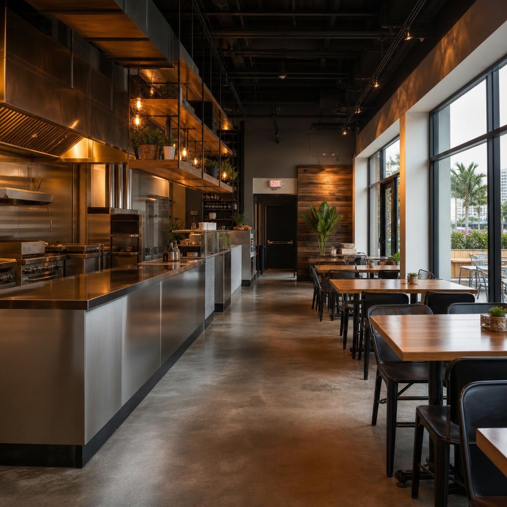Vacant modern restaurant space interior in Miami with commercial kitchen equipment and empty dining area