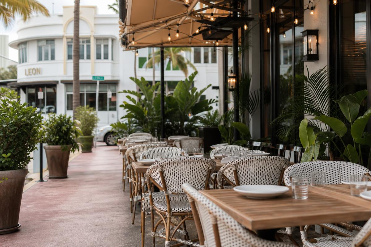Empty outdoor restaurant patio with wicker chairs, wooden tables, umbrellas, and string lights along a sidewalk, no people