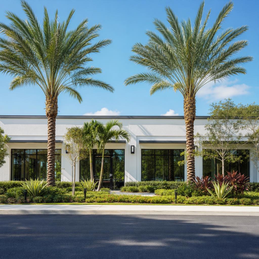 Well-maintained owner-occupied commercial building in South Florida with palm trees and landscaping, no people