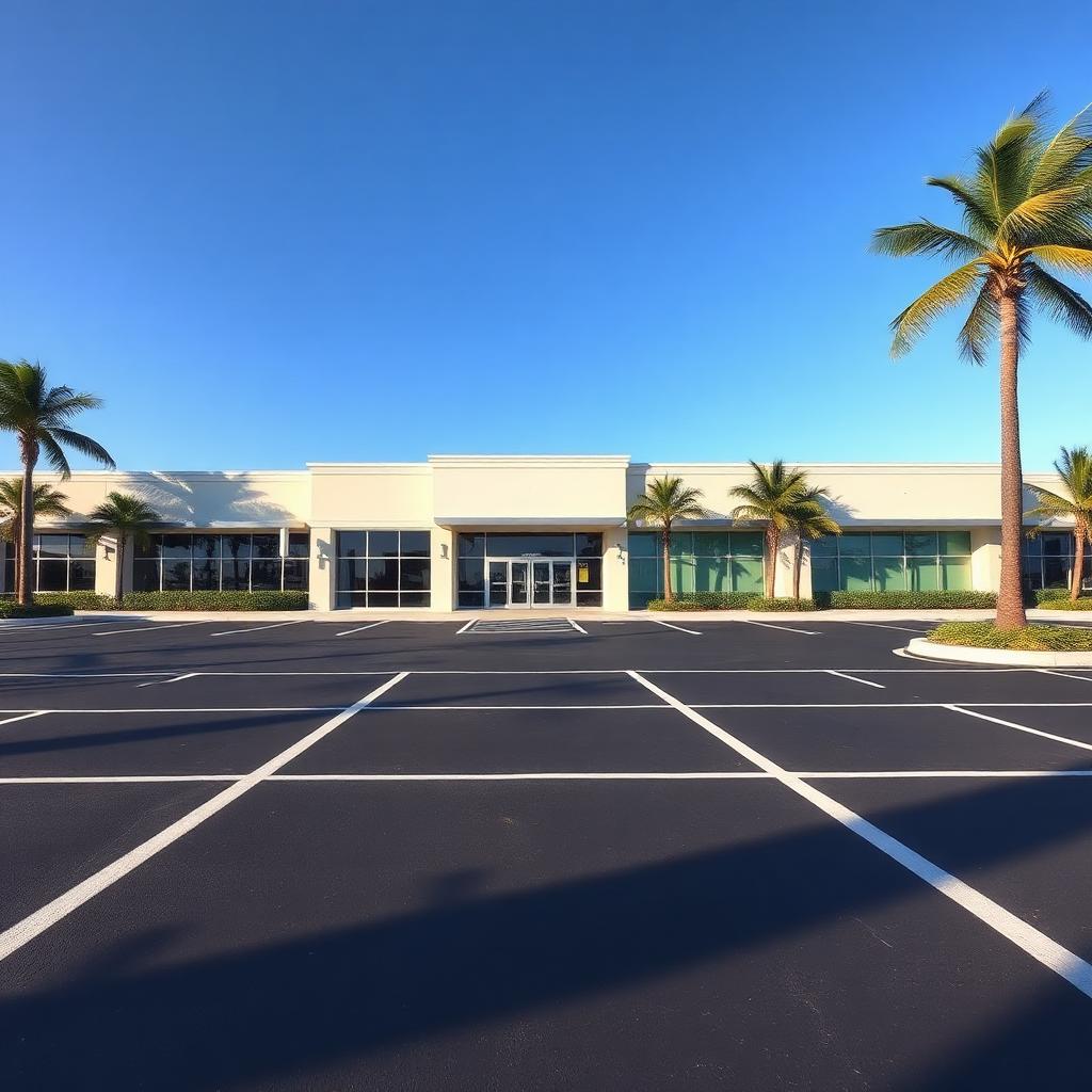 Clean commercial retail plaza parking lot with palm trees in Miami, no people