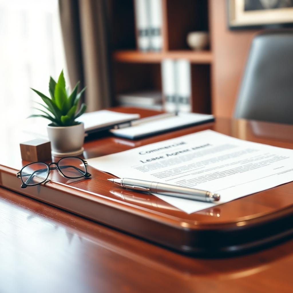 Commercial lease agreement document on a polished desk with a pen and reading glasses, no people