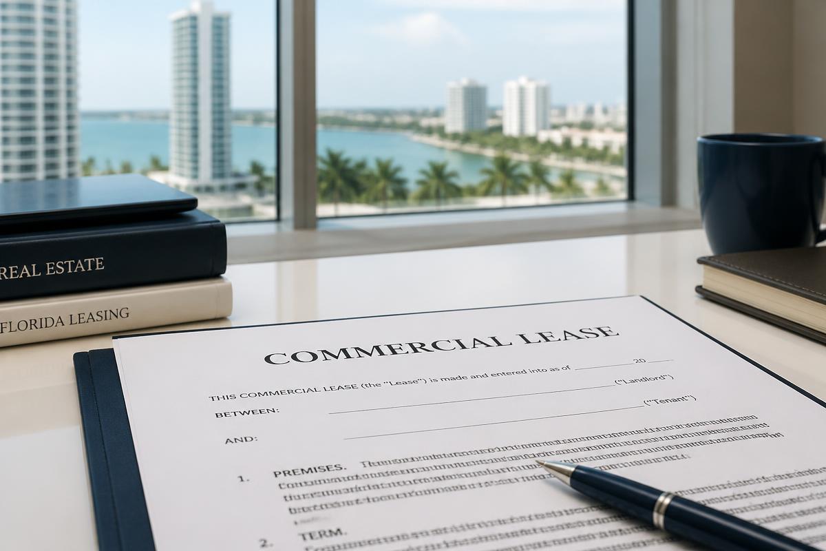 Commercial lease document on a modern desk with a South Florida skyline view