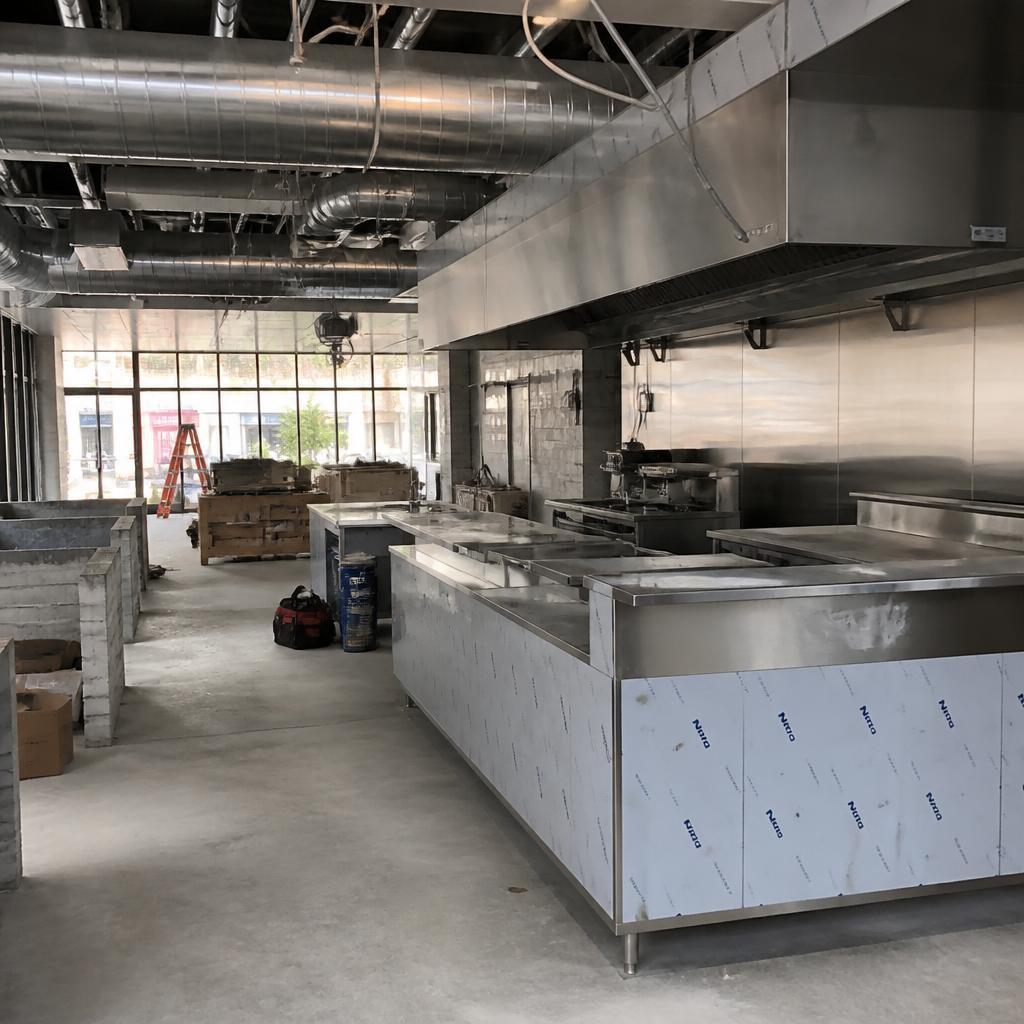 Commercial restaurant space under construction build-out with kitchen equipment and exposed interior