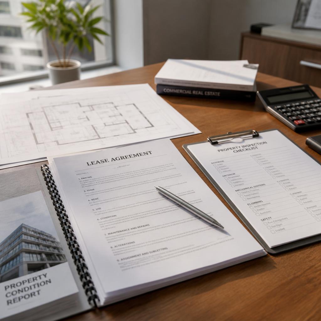 Commercial real estate due diligence documents including lease agreement and property inspection checklist on a wooden desk, no people