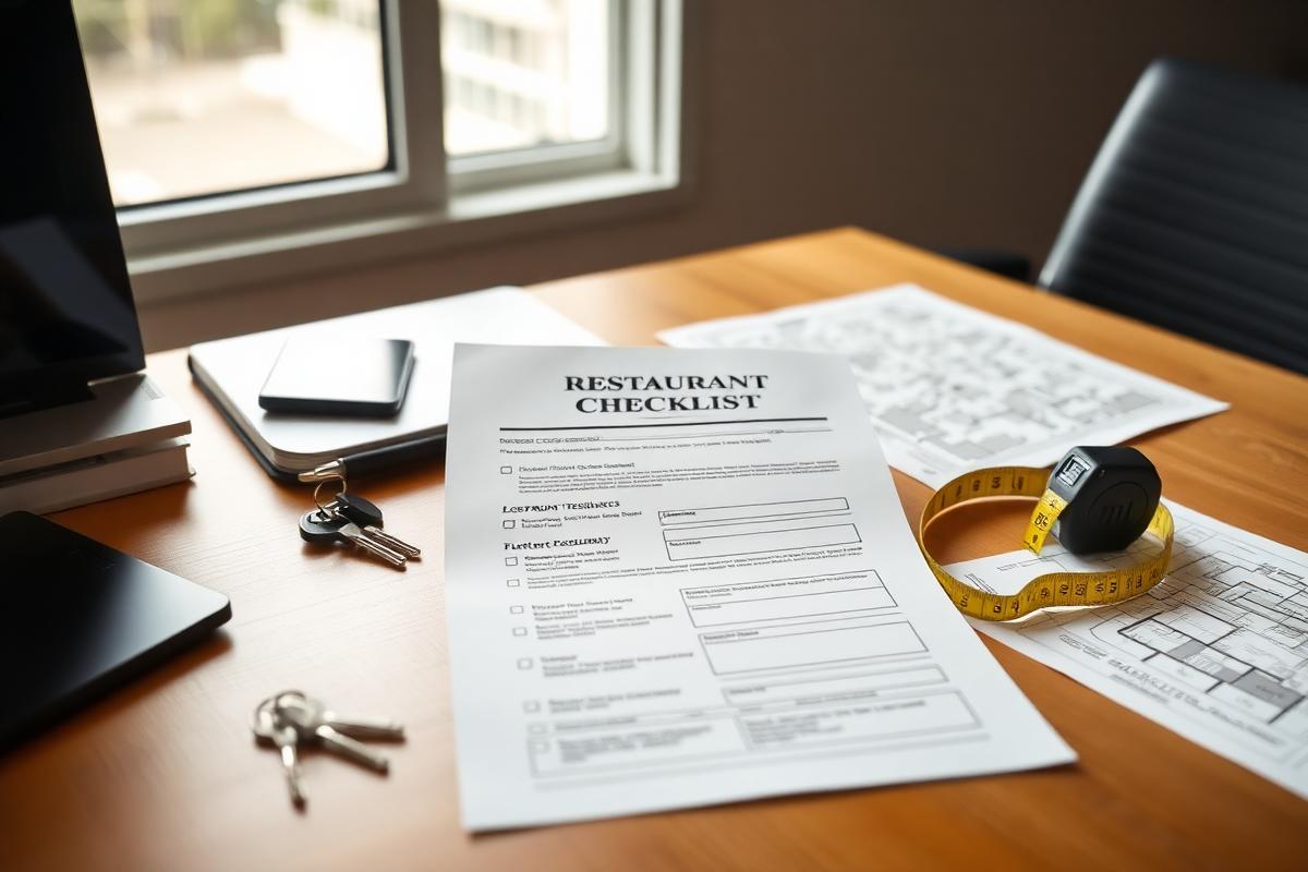 Restaurant lease checklist document on a wooden desk with keys, tape measure, and floor plans, no people