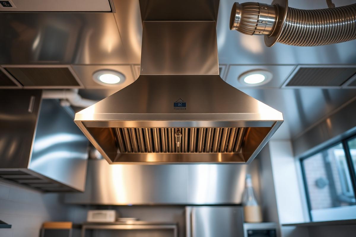 Stainless steel commercial kitchen exhaust hood and ventilation ductwork in an empty professional restaurant kitchen, no people
