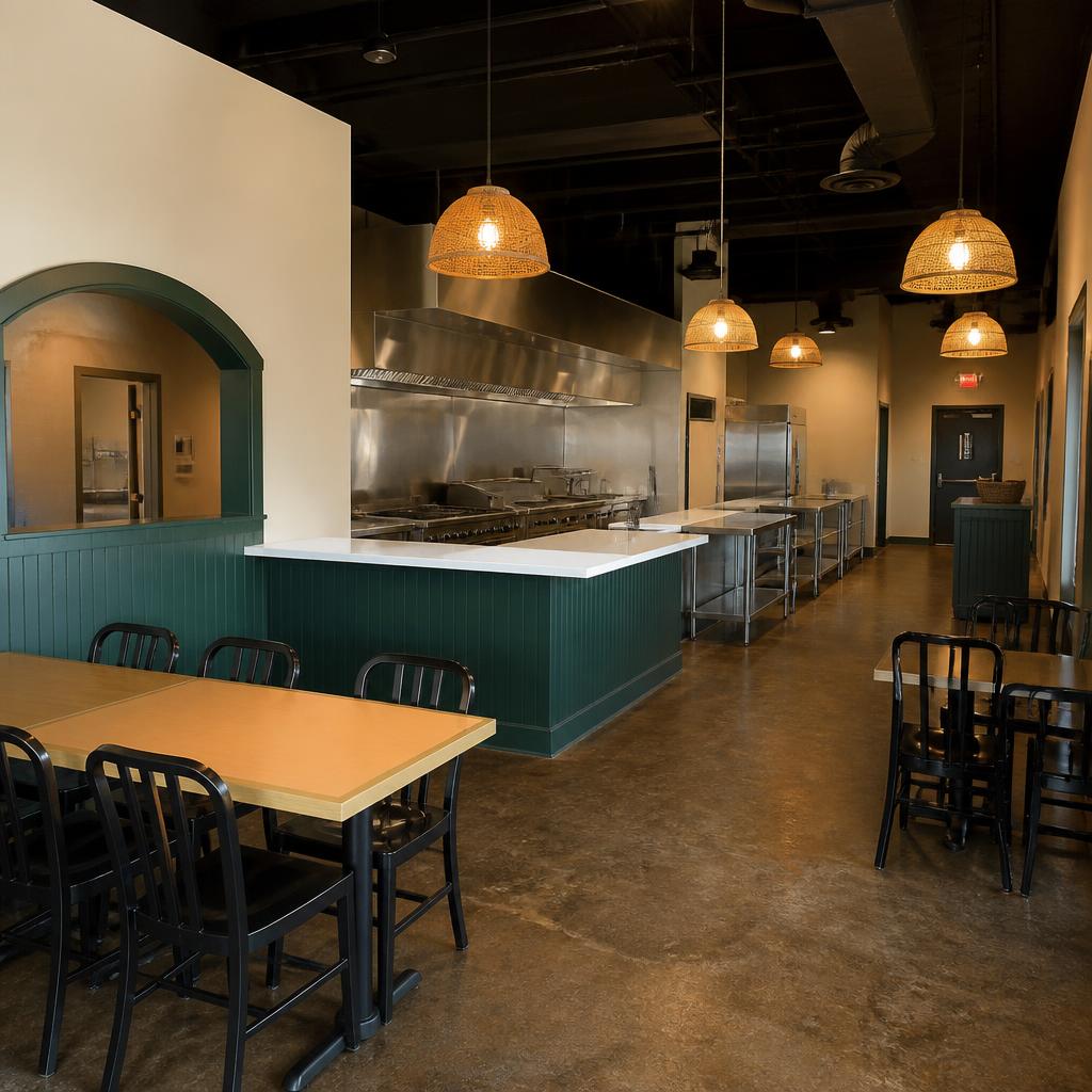 Empty second-generation restaurant interior with existing commercial kitchen and dining area