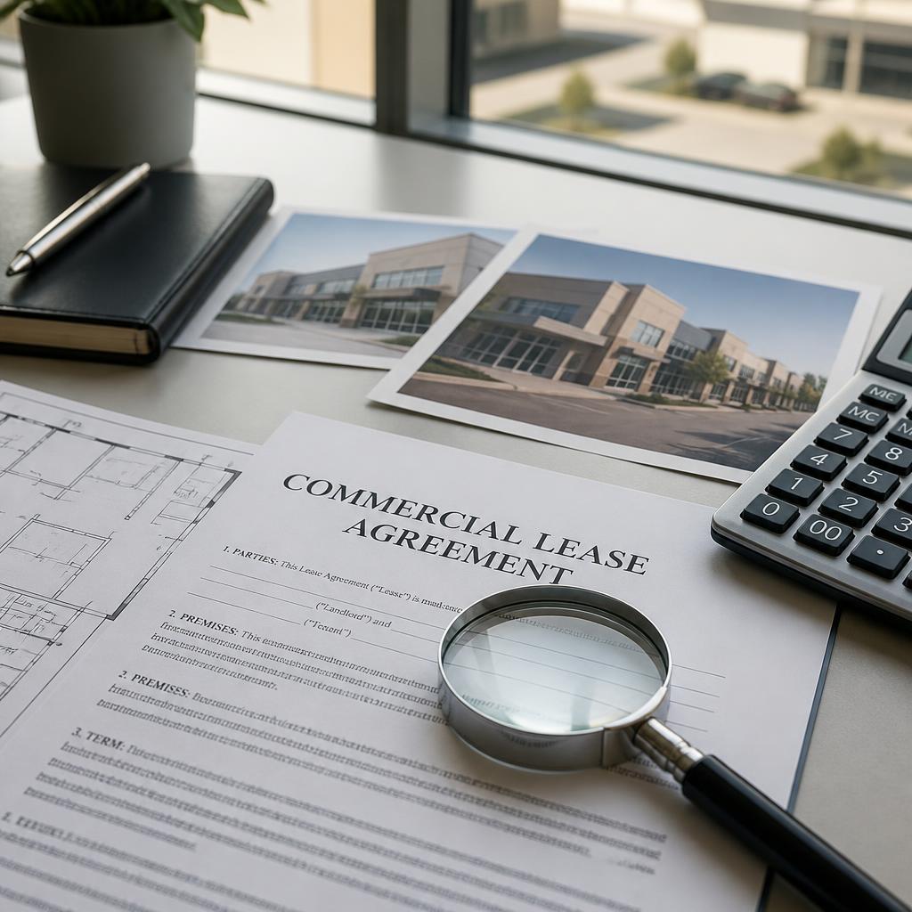 Commercial lease documents, magnifying glass, and property photos on a desk representing tenant due diligence