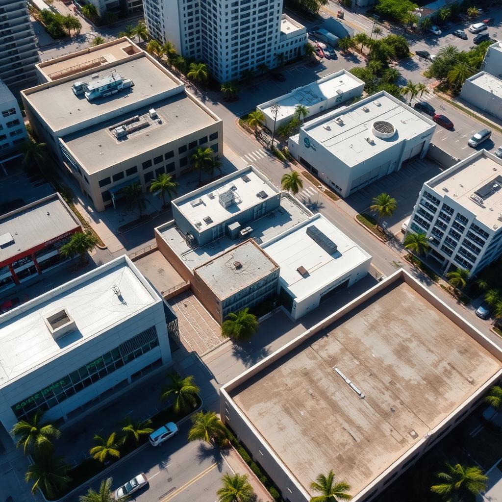 Aerial view of a Miami commercial district showing retail, office, industrial, multifamily, and development land properties